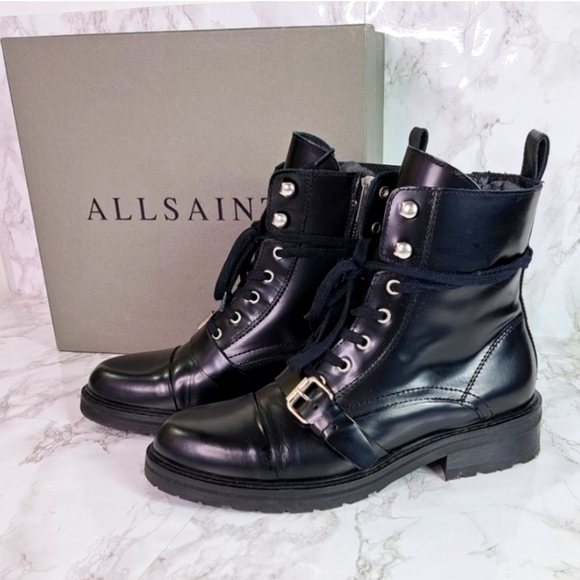 All Saints Donita Black Leather Combat Boots Size 9 US / 39 EU